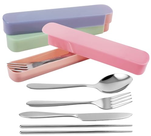 3 Pièces Juego de Acero Inoxidable para Llevar, Juego de Cubiertos de Viaje con Estuche Comprend Une Cuillère, Une Fourchette et Un Couteau Adapté à L'éCole, Bureau, Voyages, Camping et Pique-Niques