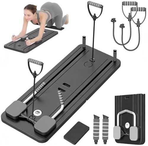LOMUG Pilates Board, Bauchtrainer für Zuhause, Pilates Set, Faltbarer Pilates Reformer Fitnessgeräte, Bauch Trainingsgerät mit Automatischer Rückprall und Spannseil, Ideal für Anfänger Profis (Grau)