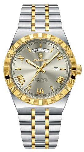 FORSINING Herrenuhr, Analoge Quarzuhr mit Datum & Wochentag, Edelstahlarmband, wasserdichte Business Uhr für Herren, Römische Ziffern, Gold-Silber Design, Klassische Designer Armbanduhr
