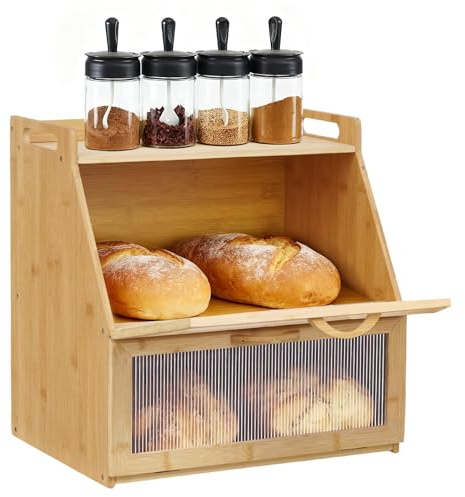 Dibaful Bambus Brotkasten mit Belüftung Groß Knäckebrotbox | Brotbox 2 Etagen und Sichtfenster Holz Brotbehälter | Bread Box für Hörnchen Brötchen Brotaufbewahrung Küche