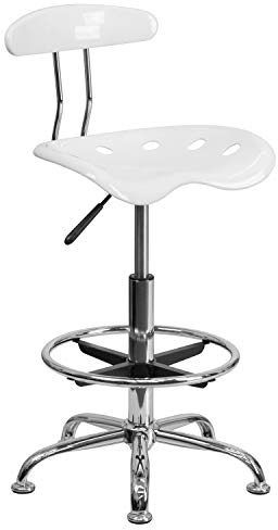 Flash Furniture Arbeitshocker mit Rückenlehne – Ergonomischer Schreibtischstuhl höhenverstellbar mit Fußring aus Metall – Bürostuhl mit Traktorsitz für Home Office – Weiß, 50.8 x 43.82 x 104.14 cm