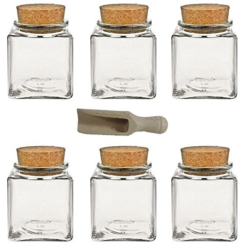6 Gewürzgläser/Vorratsdosen/Glasdosen mit Korkverschluss für Gewürze, Salz, Kräuter, etc. ca. 200 ml - inkl. einer Gewürzschaufel aus Holz 7,5 cm