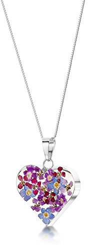 Shrieking Violet 925 Sterling Silver Medium Heart Real Flower Pendant Necklace - Assorted Flowers (Purple Haze)