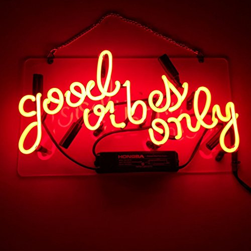 LiQi „Good Vibes Only“ Wandschild aus echtem Glas, handgefertigt, für Zimmer-Dekoration, Zuhause, Schlafzimmer, Mädchen, Kneipe, Hotel, Strand, Cocktail, Freizeitspielzimmer, 35,6 x 20,3 cm, Rot