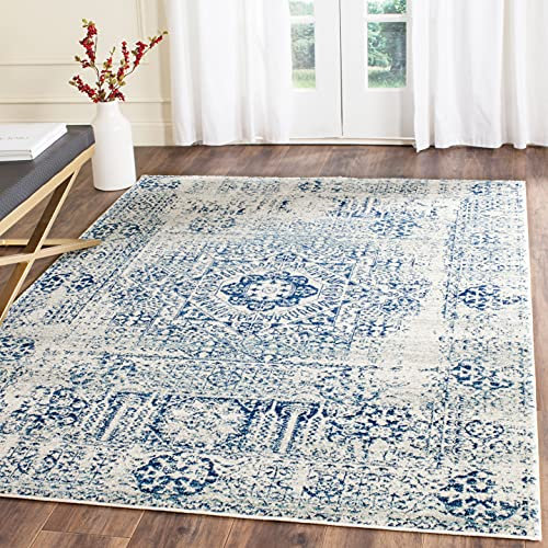 SAFAVIEH Übergangs Teppich für Wohnzimmer, Esszimmer, Schlafzimmer - Evoke Collection, Kurzer Flor, Elfenbein und Blau, 91 X 152 cm