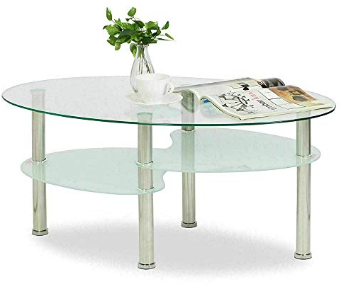 YJIIJY Couchtisch, oval, aus Hartglas, 3 Ebenen, mit Einlegeböden aus Glas und Füßen aus Edelstahl, Möbel, Büro zu Hause, 90 x 50 x 43 cm, Transparent / Weiß, 90*50*43cm