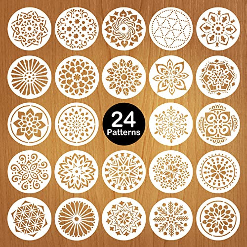 Mocoosy 24 Pack 5 Zoll Mandala Schablonen Mandala Dot Malwerkzeuge Vorlage Schablone zum Malen auf Holz Wiederverwendbare Mandala Handwerk für DIY Steinmalerei Steine Wandbodenfliesen Kunstbedarf
