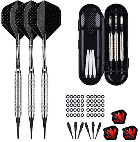 sanfeng Dartpfeile mit kunststoffspitze für Elektronische Dartscheibe 18 Gramm, Softdarts Pfeile Set, 3 Dart Pfeile 16 Gramm schwarz Aluminum Schafts Flights 50 Dartspitzen 50 Anti-Lose Gummiringe
