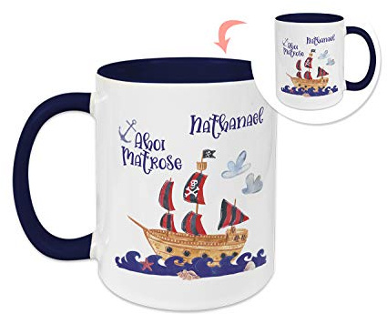 GRAZDesign Kindertasse mit Namen, Tasse Kinder, personalisierte für Junge Trinkbecher Kindergeschirr Kinder Becher Dunkelblau, Keramik BPA-frei, Piraten, Ahoi Matrose