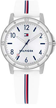 Tommy Hilfiger Mädchenuhr mit Silberfarbenem Zifferblatt, Weißem Silikonarmband, Silberfarbenem 32mm Gehäuse, 3-Zeiger-Quarzwerk, 3 ATM Wassericht - 1720014