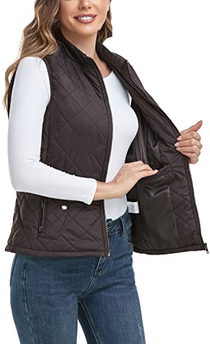 LONGKING Women's Outwear Quilted Gilet, NEW Upgraded Women's Outwear Vest With One Inner Pocket - Stand Collar Lightweight Zip Quilted Vest for Women