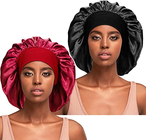 2 Stück Schlafmütze für lockiges Haar, seidige Haarhauben Satin Schlafmütze Nachtmützen für Frauen Haarpflege