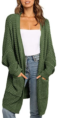 Maavoki Cardigan lungo da donna, oversize, a maniche lunghe, casual, con tasca, Z verde scuro, M