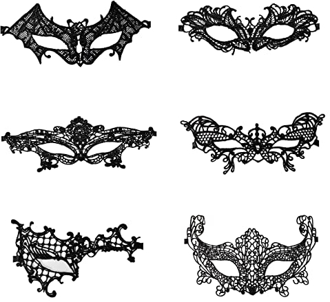 Spitze Augenmaske 6 Stück Venezianische Maske Damen Sexy Lace Schwarz für Fasching Maskerade Masquerade Halloween Karneval Cosplay Party Kostüm Ball Gothic Gesichtsmaske