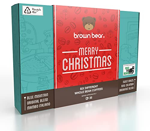 Brown Bear Christmas Ground Coffee Gift Set - French Press Cafetiere Filter Drip V60 Aeropress - 6 Blends in 1 Xmas Pack - For Men and Women - Light Medium Dark Roast
