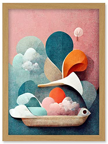 Doppelganger33 LTD Modern Boho Abstract Ship In Sky Clouds In Pastel Colours Toilet Artwork Framed Wall Art Print A4