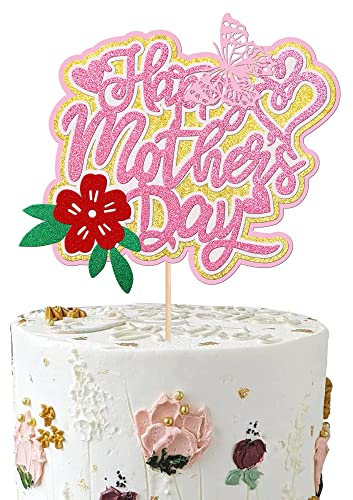 1 Stück Happy Mother's Day Kuchenaufsatz Glitzer Blume Schmetterling Best Mom Ever Kuchen Pick für Muttertag Thema Frauen Geburtstag Party Kuchen Dekorationen Zubehör Rosa