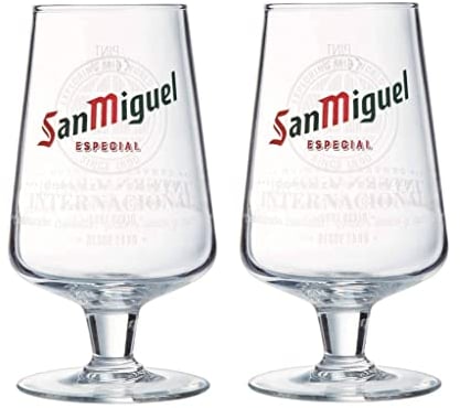 GarageBar | San Miguel Glass | Nucleated Stemmed Chalice Beer Glass | Official Merchandise | Comes with 2X Beer Drip Mats (2, Pint/20oz)