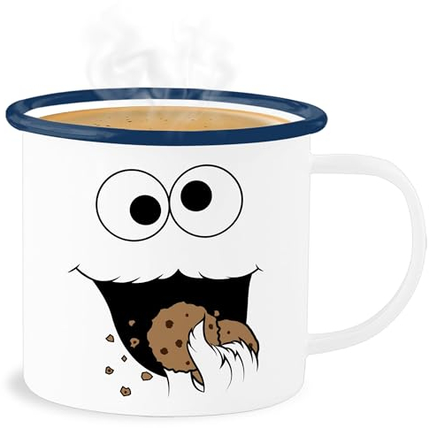 Emaille Becher Blechbecher - Karneval & Fasching - Tassen - Keks Monster I Krümelmonster I Cookie Monster - 300 ml - Weiß Blau - fasching- auge tasse carnevale kekz metall karnevals keke faschings