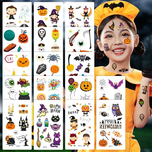 Atuoxing 30 Hojas Halloween Tatuajes Temporales para Niños y Niñas, Tatuaje Pegatinas cara Halloween Decoracion, Calcamonias Tatuajes Niños para Halloween Maquillaje Accesorios (D)