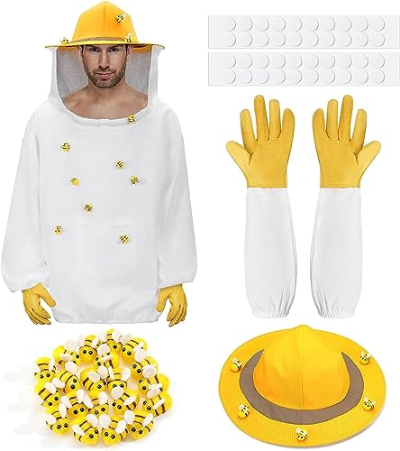 VBVARV Imker Set Atmungsaktives Imker Kostüm 1 Paar Bienenzuchthandschuhe 20 Pcs Wolle Filz Biene Für Erwachsene Bienenwächterfänger