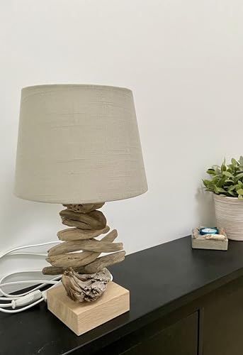 Handgefertigte Tischleuchte/Tischlampe aus Treibholz (Lampenschirm hellgrau)