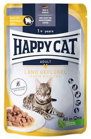 Happy Cat Culinary Meat in Sauce Geflügel Nassfutter Pouch, 85 g | Getreidefreies Nassfutter mit Geflügel in Sauce, für ausgewachsene Katzen ab 12 Monaten, Pouch 85 g