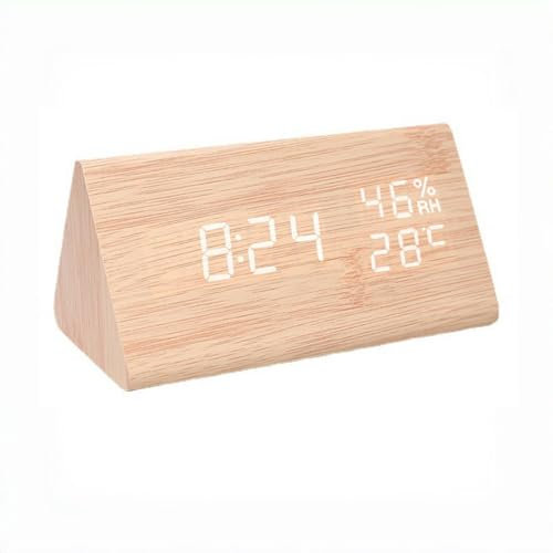 ThreeH Digitaler Wecker mit Elektronischem LED Display aus Holz 3 Alarmeinstellungen Luftfeuchtigkeits und Temperaturerkennung Helligkeit Einstellbar Gelb_Weiß