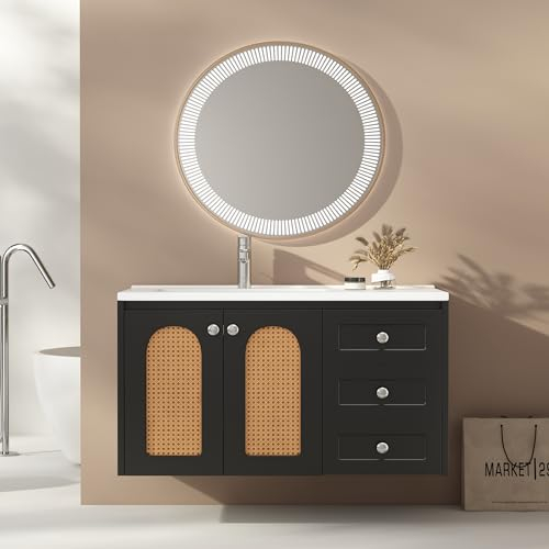 HAINEW Waschtisch mit Unterschrank, Waschbeckenunterschrank Waschbecken Badezimmer 90 cm Breit Hängend, Badmöbel Waschbecken mit 3 Schubladen und 2 Rattan Tür, Badezimmerschrank Badschrank, Schwarz