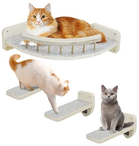 Kathson Premium Kletterwand Katzen Set, hölzerne Katze Wandregale mit 3 Schritten, Ecke Katze Klettern Regal Barsch Set Möbel Plüsch bedeckt Katze Hängematte Moderne Katze Kratzbaum für innen