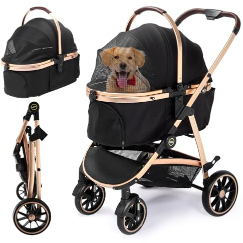 DAISTERN Poussette pour Chien 4 en 1, jusqu'à 25 KG,Pliable Cadre en aluminium anodisé à 100%, incluant un matelas en tissu Oxford amovible, pour chiens et chats de tailles moyennes et petite, Marron