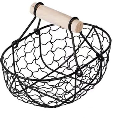 Maritown Small Metal Wire Egg Basket with Wooden Handle Vintage Kitchen Storage Basket for Food Bread Fruit Vegetable Containers Rustic Decorative Basket Organizer for Farmhouse Decor