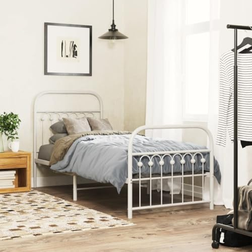 vidaXL Bettgestell, Bett mit Kopfteil Fußteil, Bettrahmen mit Lattenrost, Metallbett Einzelbett für Schlafzimmer, Metall Weiß 75x190cm