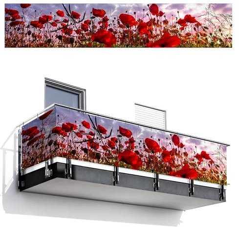 MuchoWow© Balkon Sichtschutz Einseitig 95x500 cm Groß PVC Kunststoff Garten Windschutz ohne Bohren Wetterfest Sichtschutzzaun Terrasse Balkonverkleidung Deko Panorama - farbenfroh - Mohnblumenfeld