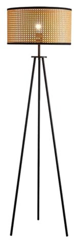 Lampadaire trépied, lampe sur pied en bois du milieu du siècle avec abat-jour en rotin et en tissu, interrupteur au pied marche/arrêt, lampadaires hauts de ferme moderne pour salon, chambre à cou
