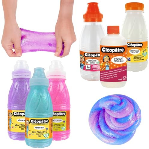 CLEOPATRE – Kit de Slime – Pour Fabriquer du Slime avec Colle Transparente, Colle Blanche, Produit Magique Activateur, Peintures et Paillettes – Lot 6 produits