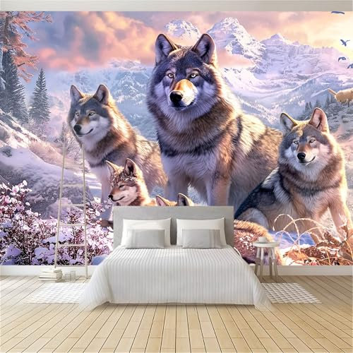 Papier Peint Panoramique 3D Loup Animal De Montagne De Neige 200x140 cm Papier Peint Photo Mural Intissé, Poster Tapisserie Mural Personnalisé 3D Pour Salon Chambre Décoration Murale