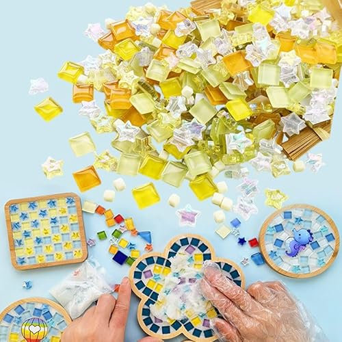 JIAMIAN 360 Stücke Glasfliesen, Mosaikglasstücke Mischfarbe, kleine Mini-Mosaik-Fliesen zum Basteln, für Basteln, Deko, Drinnen, Draußen(Gelb)