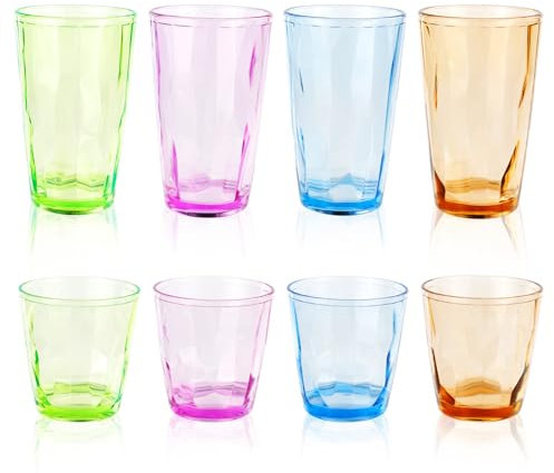 OT-NVWOZR 8PCS Plastic Cups Tumblers Reusable, 200 & 470ml Unbreakable Premium Drinking Glasses, 4 Colors Acrylic Cups Stackable for Kids Adults Camping Home Party Picnic Juice Wine