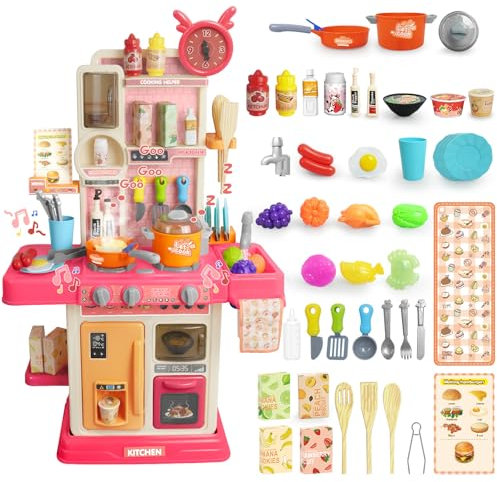 RedCrab Set da Cucina per Bambini con Effetto Vapore & Sonore e Luminose, 45 Pezzi di Accessori da Cucina Giocattolo per Bambini, Gioco di Ruolo della Cucina per Ragazzi e Ragazze (Rosa)