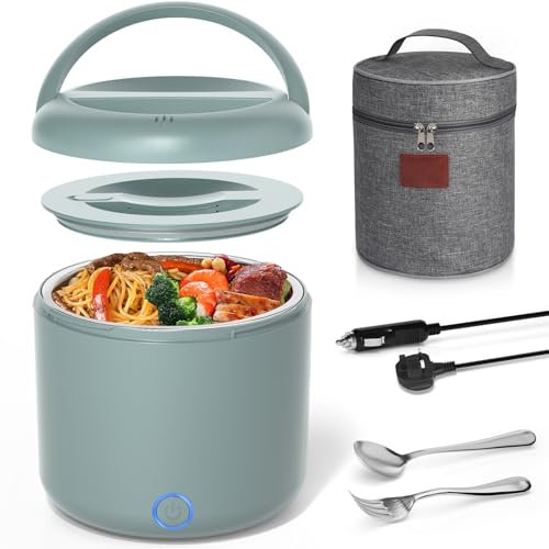 Vabaso 100W Electric Lunch Box Adults, 1.2L Heated Lunch Box with Insulated Lunch Bag, 12V/24V/230V 3-in-1 Lunchbox for Travel, On-The-Go & Office Use, Father's Day Gifts for Car Truck Driver, Green