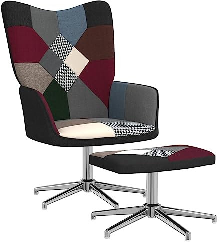 CINDERFUL Sessel mit Hocker Patchwork Stoff,Stylischer Patchwork Sessel mit Hocker Bequem und um 360 Grad drehbar Möbel Wohnzimmer