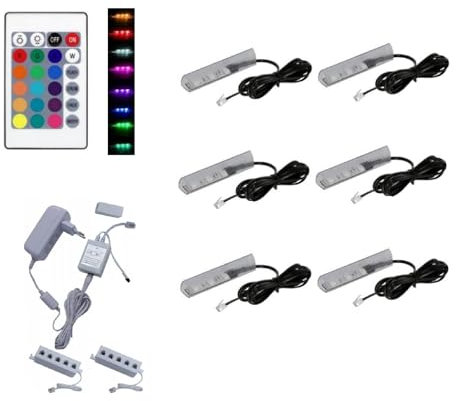 QLS LED RGB Set Glaskantenbeleuchtung Clip 12V mit Fernbedienung 16 Farben Dimmbar (Weiß, 6 Stück)