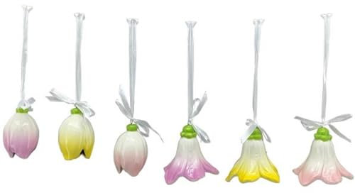 frühlingshafte dekorative Blüten-Anhänger Glocken-Blumen-Anhänger Porzellan weiß mit Pastellfarben im 6-er Set
