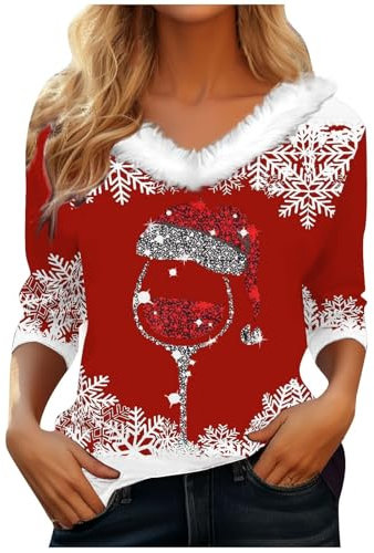 Christmas Sweatshirts for Women UK Ladies Tops Xmas Jumpers Furry V Neck 3/4 Sleeve Shirts Xmas Tree Snowflake Wine Glasses Graphic Tees Casual Holiday Pullover Tunic Tshirts