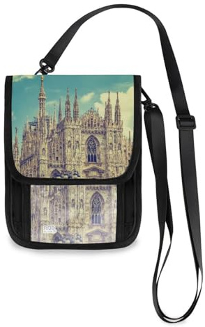 Mnsruu Cartera de viaje vintage con diseño de vista de fachada de la catedral de Milán, Italia, para pasaporte, tarjetas de crédito, gadgets, bolsa cruzada, unisex, cartera de viaje con correa
