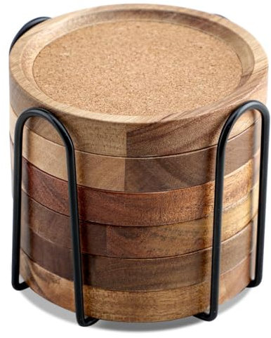 Wood Coasters for Drinks Absorbent with Holder, Set of 6, Acacia Wood Cork Coaster Rustic Coasters, Coffee Table Dining Table Wooden Table Coasters Absorbent and Insulation Cork Stackable Cup Holders