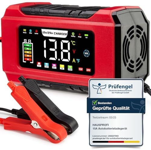 15A Autobatterieladegerät 12V/24V, HAUSPROFI Intelligentes KFZ Batterieladegerät mit 9-Stufen-Ladung, LCD-Display für Auto, LKW, Motorrad, Boot - Kompatibel mit Blei-Säure, AGM, EFB, LiFePO4 Batterien