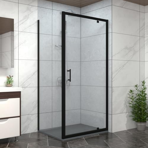 NRG Bathroom Pivot Shower Enclosure Black Framed + Side Panel, 1000 x 800mm Reversible Screen with Anthracite SMC Rectangle Shower Tray