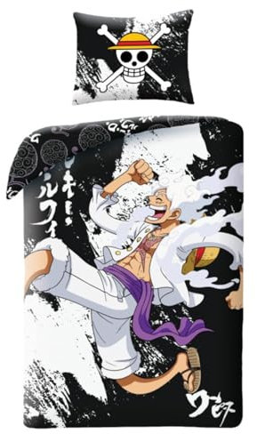 Halantex Juego de cama One Piece Monkey D. Luffy GEAR5 - Funda nórdica de 140 x 200 cm con funda de almohada de 70 x 90 cm - 100% algodón Oeko-Tex - Negro